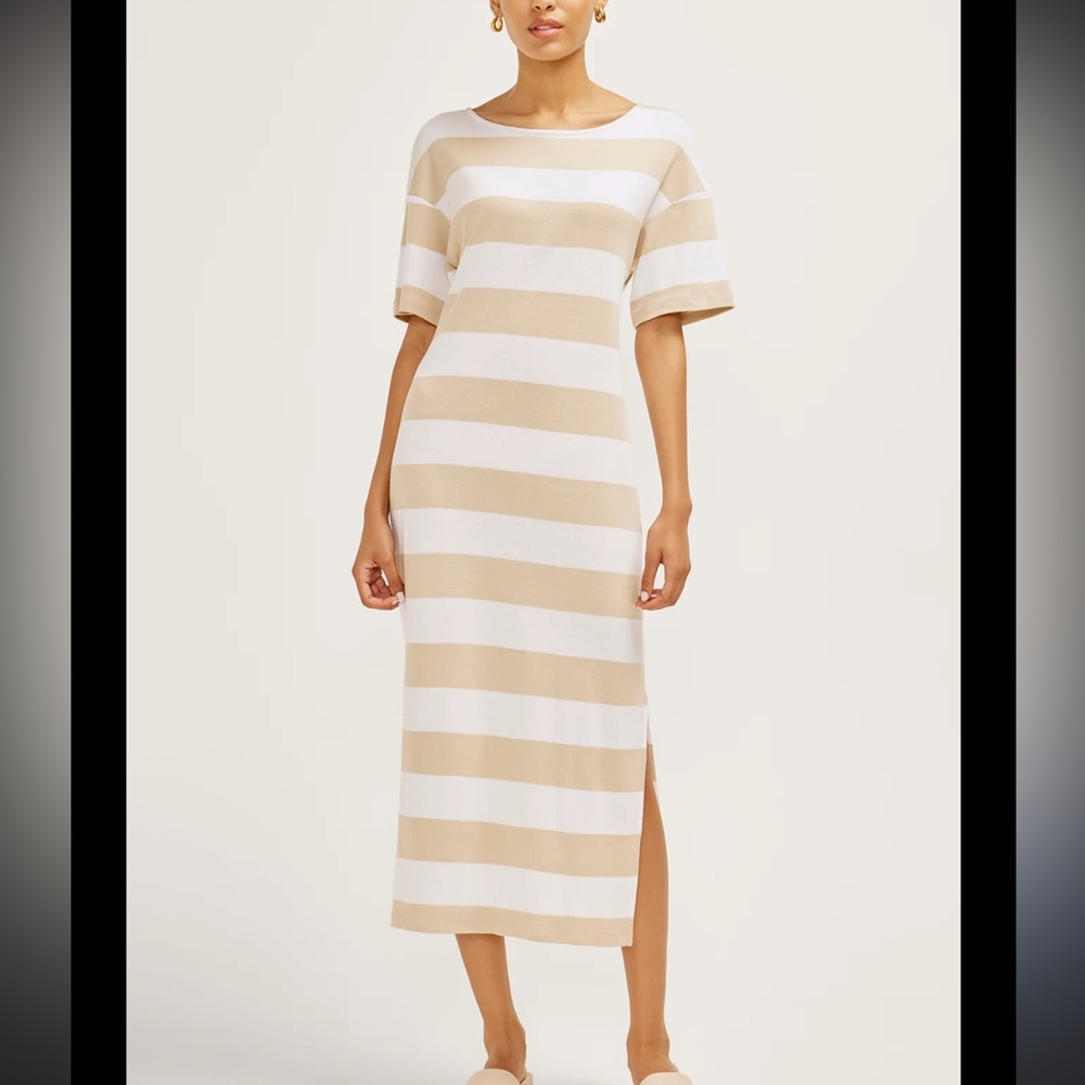 Three Dots STRIPED TEA-LENGTH T-SHIRT DRESS IN BEIGE
